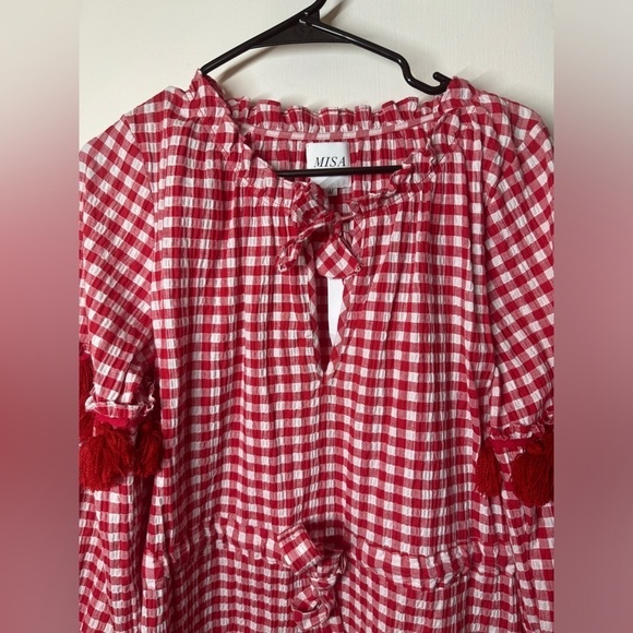 NWT Misa Los Angeles Lissbeth Red White Gingham Plaid Mini Boho Fringe Dress M - Picture 4 of 16
